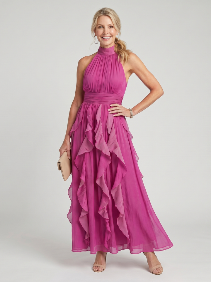 Virginie | Robe Maxi en Mousseline à Volants Fuchsia