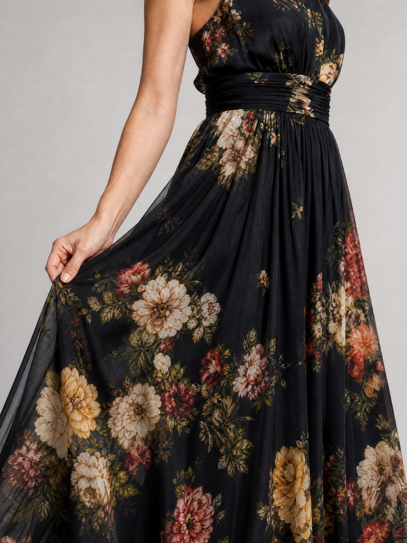 Kassandre | Robe Maxi en Mousseline Fleurie Noire