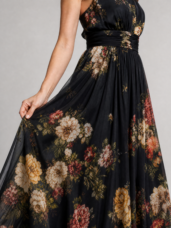 Kassandre | Robe Maxi en Mousseline Fleurie Noire