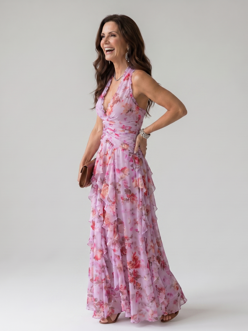 Margot | Robe Maxi Fleurie à Volants Dos-Nu
