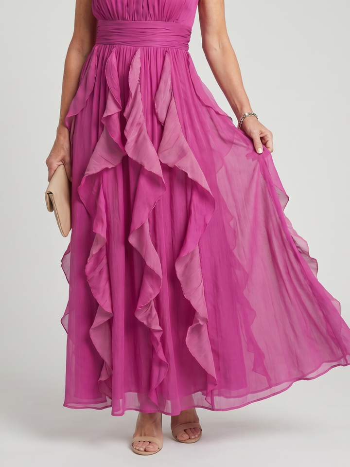 Virginie | Robe Maxi en Mousseline à Volants Fuchsia
