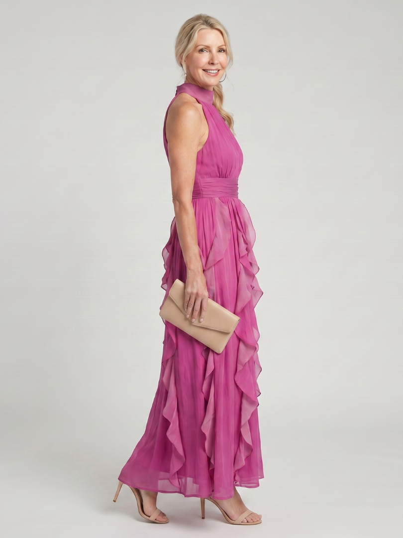 Virginie | Robe Maxi en Mousseline à Volants Fuchsia