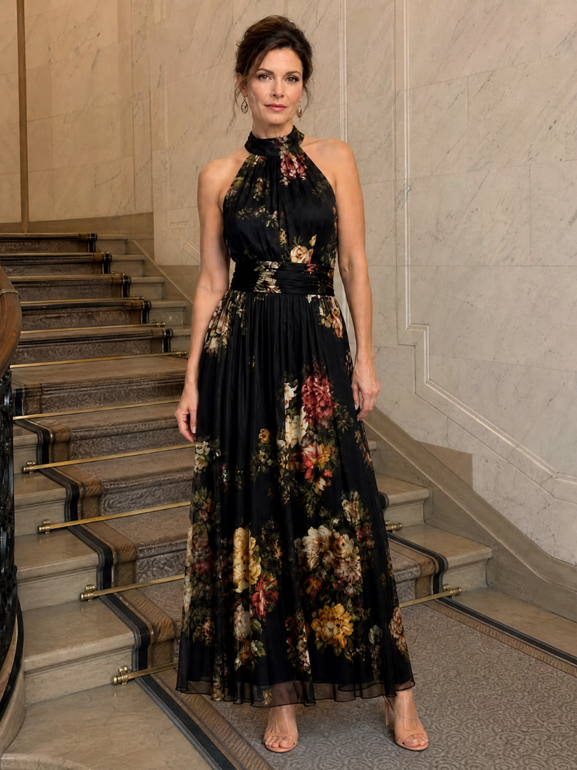 Kassandre | Robe Maxi en Mousseline Fleurie Noire