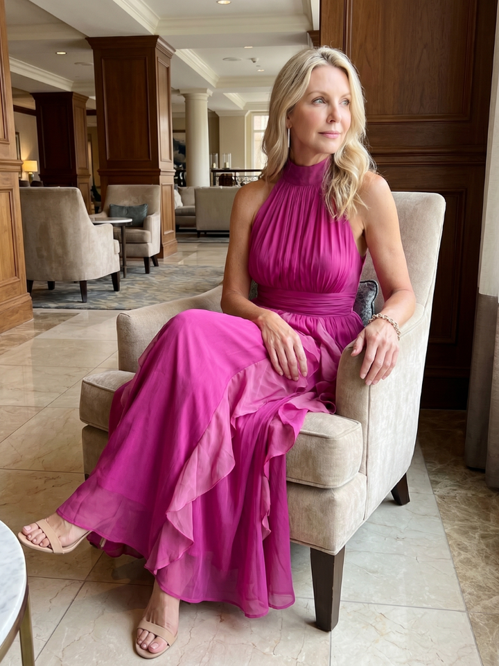Virginie | Robe Maxi en Mousseline à Volants Fuchsia
