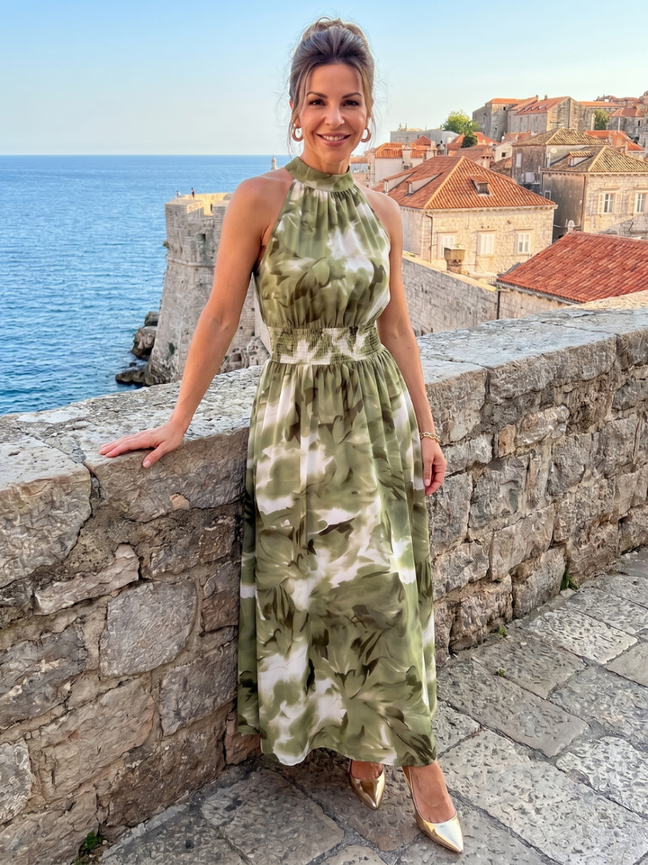 Corinne | Robe Maxi Imprimé Tropical Dos-Nu