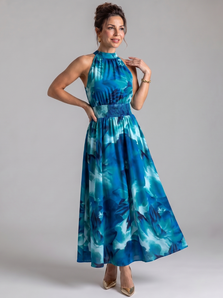 Corinne | Robe Maxi Imprimé Tropical Dos-Nu