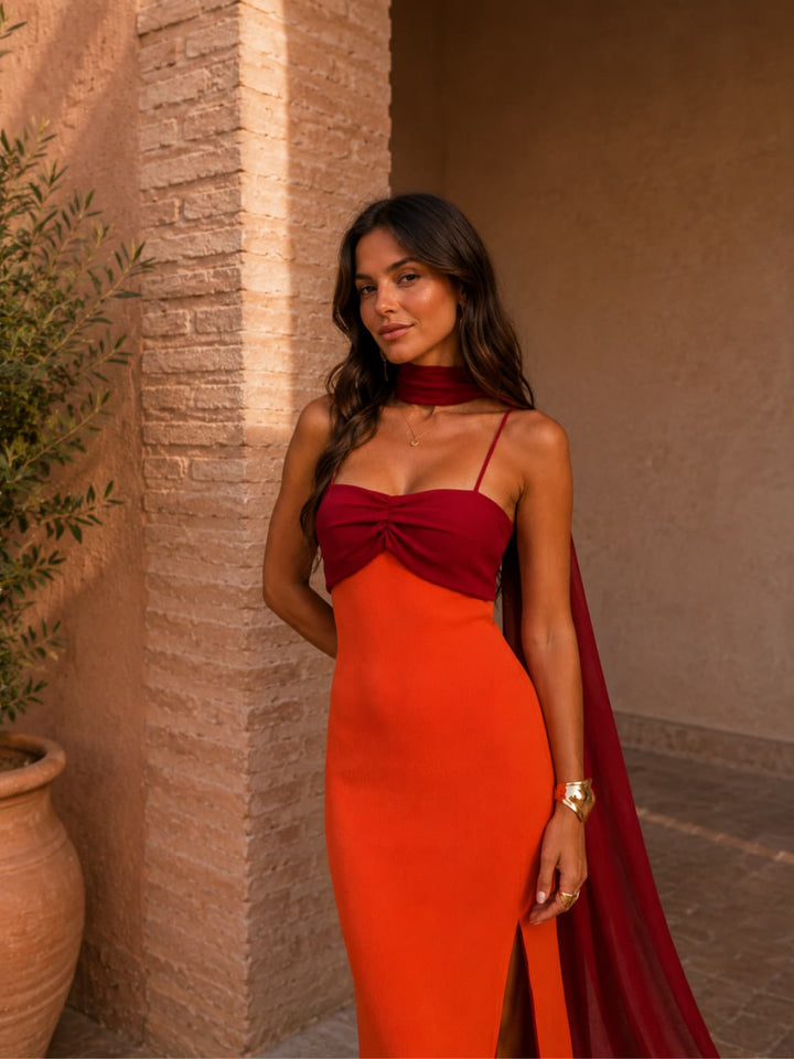Pénélope | Robe Longue Drapée Bicolore