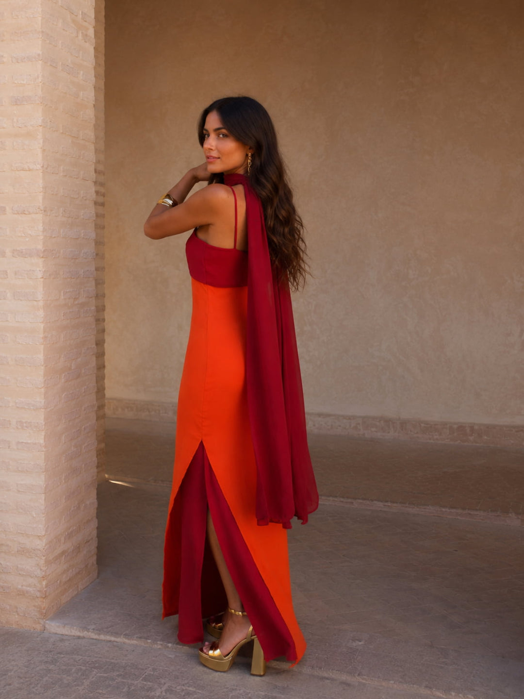 Pénélope | Robe Longue Drapée Bicolore