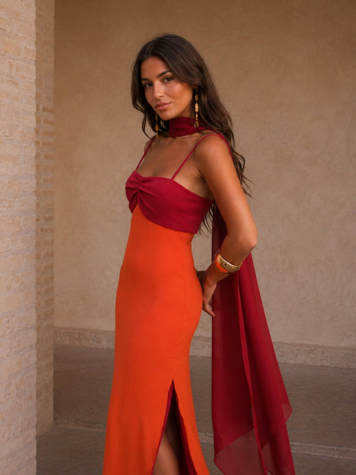 Pénélope | Robe Longue Drapée Bicolore