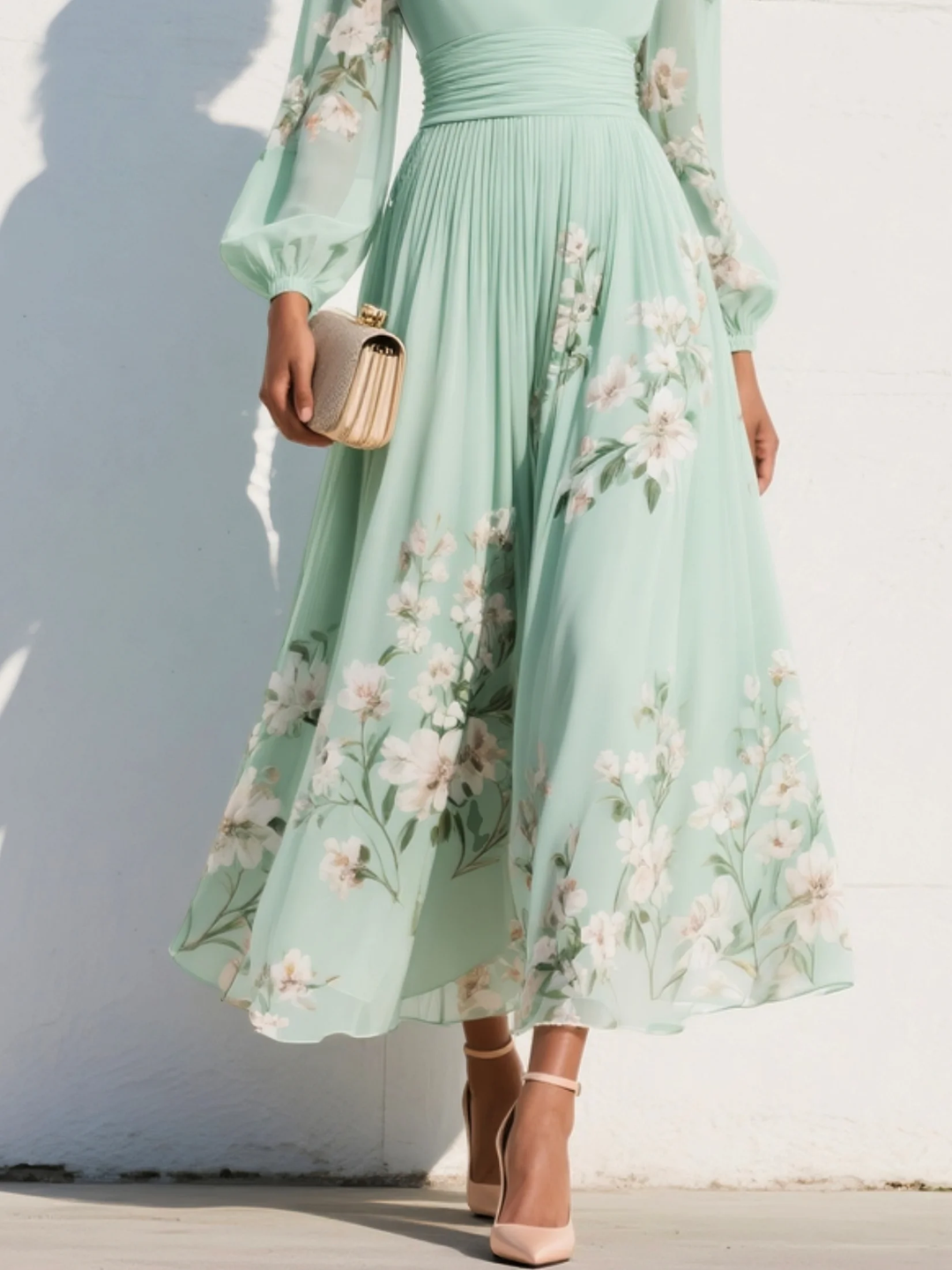 Cécile | Robe Midi Vert Clair Fleurie