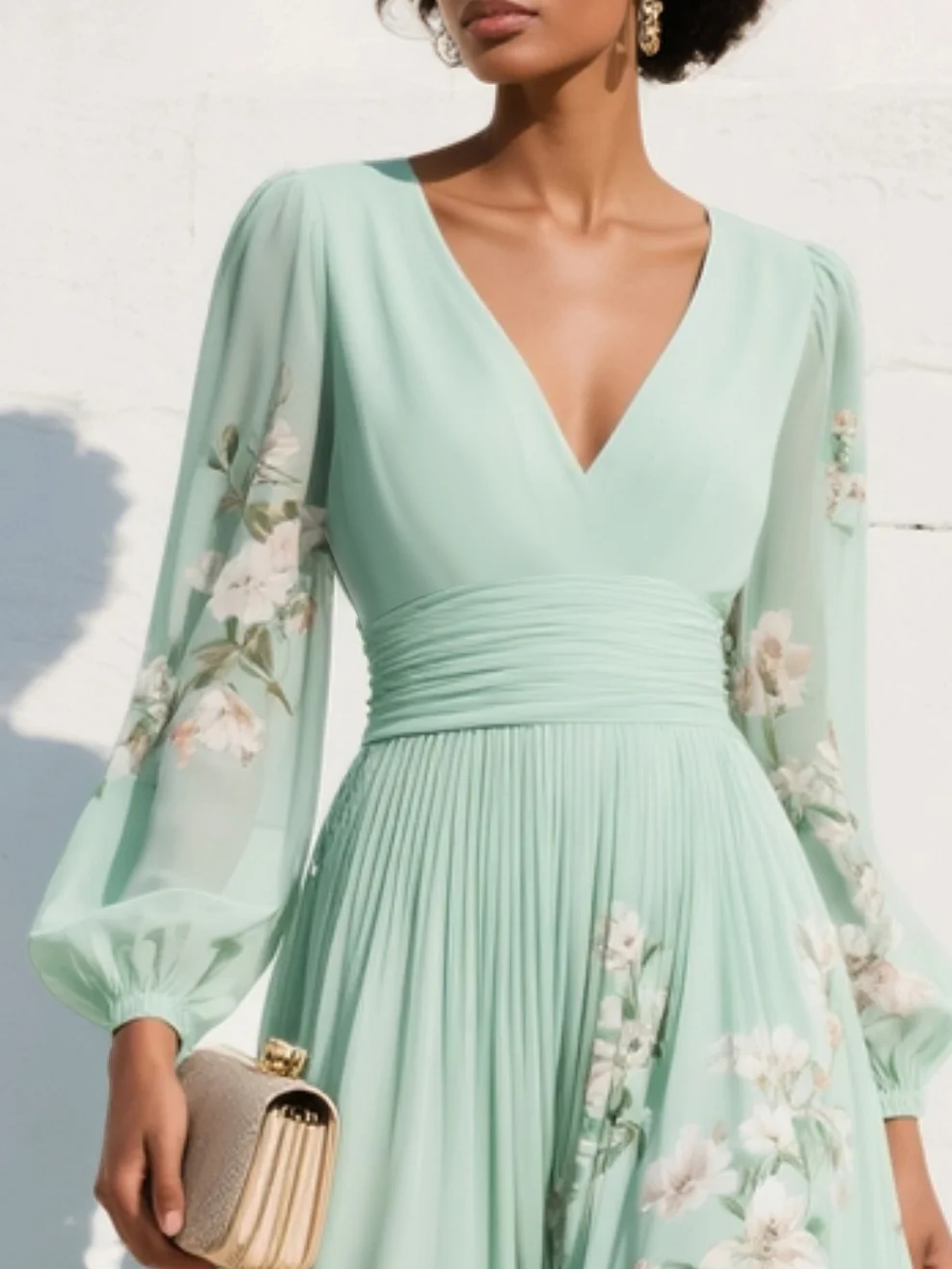 Cécile | Robe Midi Vert Clair Fleurie