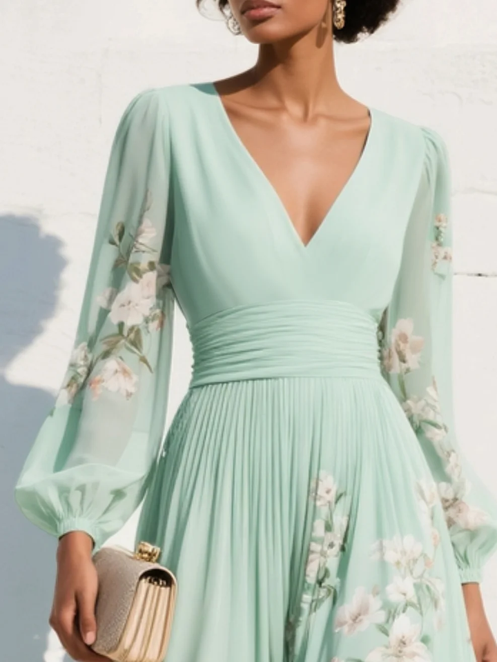 Cécile | Robe Midi Vert Clair Fleurie