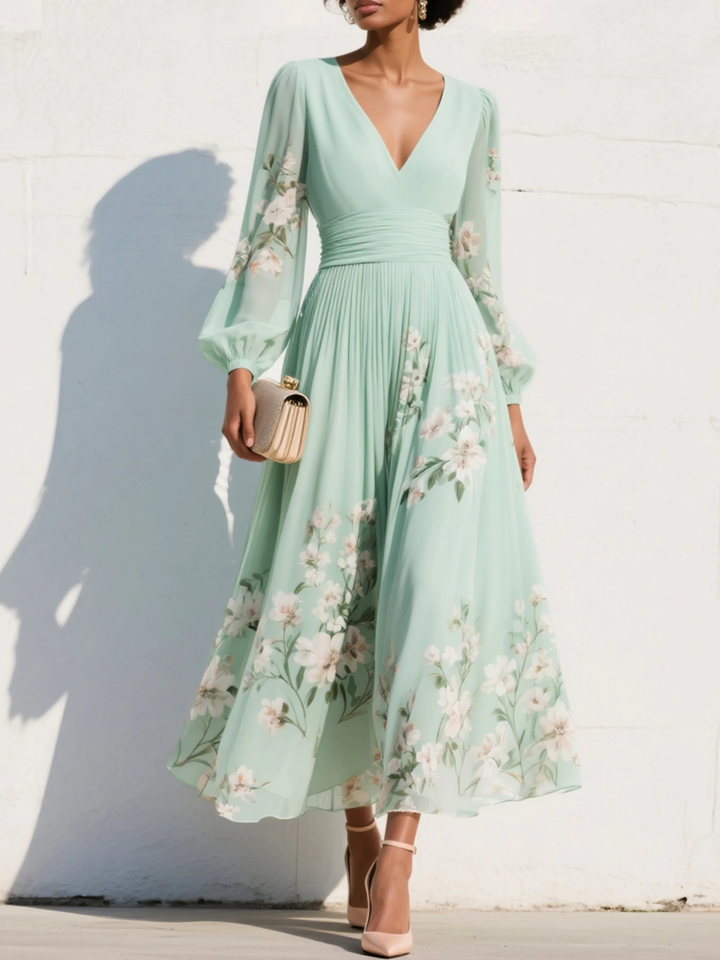 Cécile | Robe Midi Vert Clair Fleurie