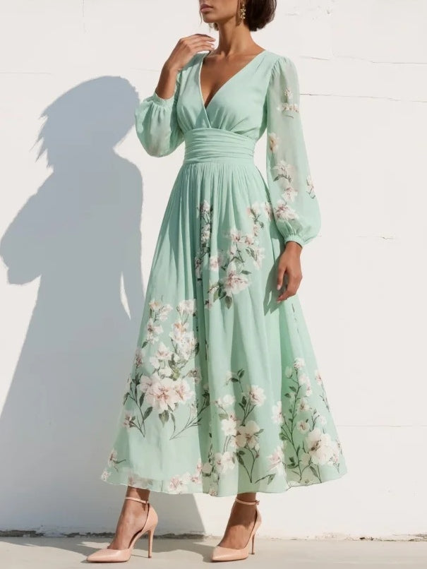 Cécile | Robe Midi Vert Clair Fleurie