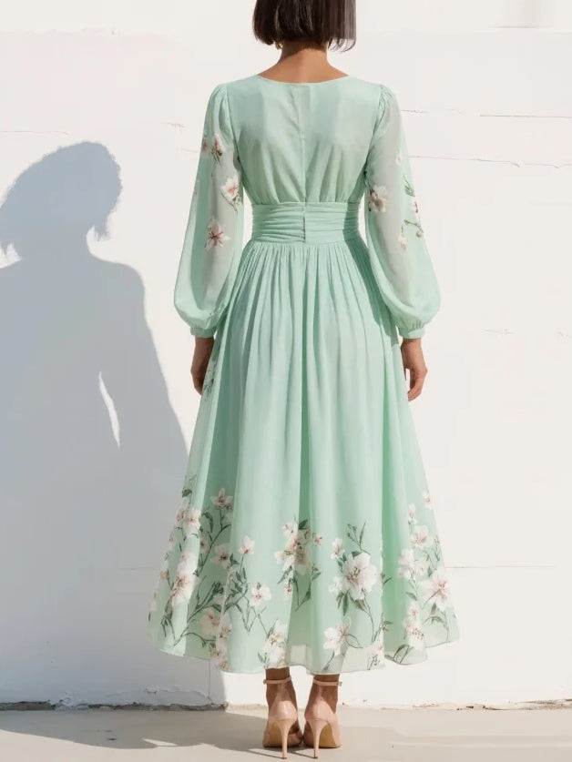 Cécile | Robe Midi Vert Clair Fleurie