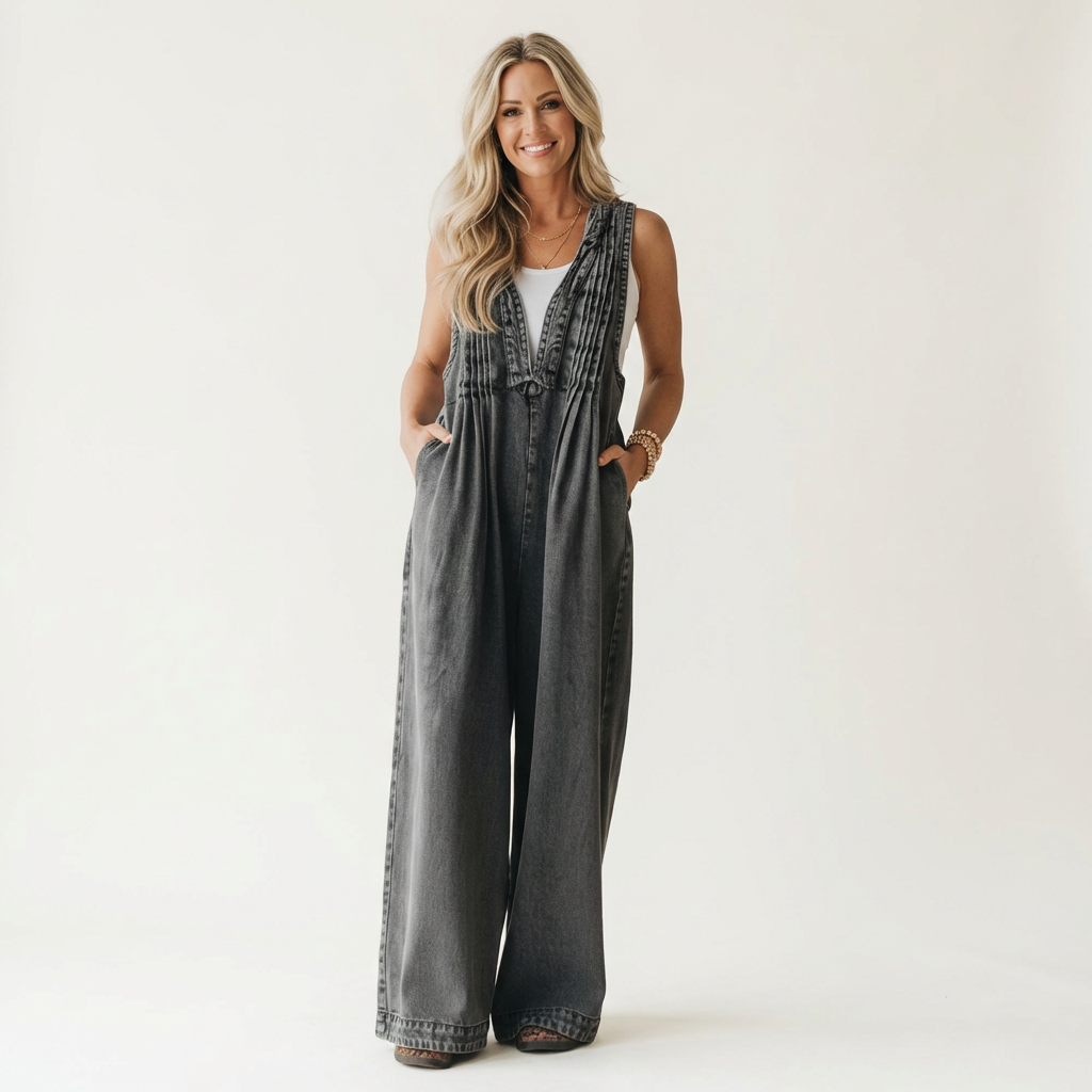 Griselda | Combinaison en denim à jambes larges plissées