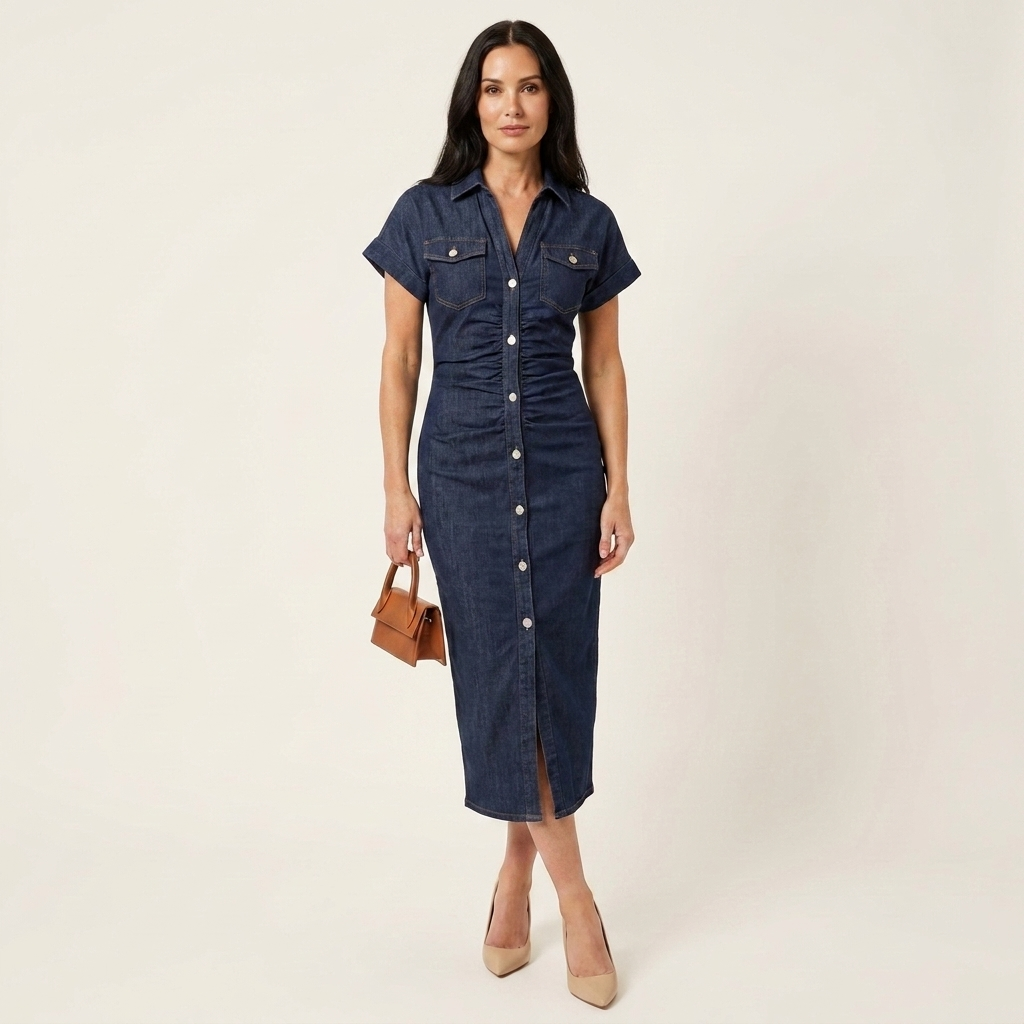 Maya | Robe Midi Bodycon en Denim avec Boutonnage Avant