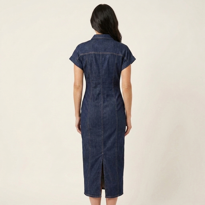 Maya | Robe Midi Bodycon en Denim avec Boutonnage Avant