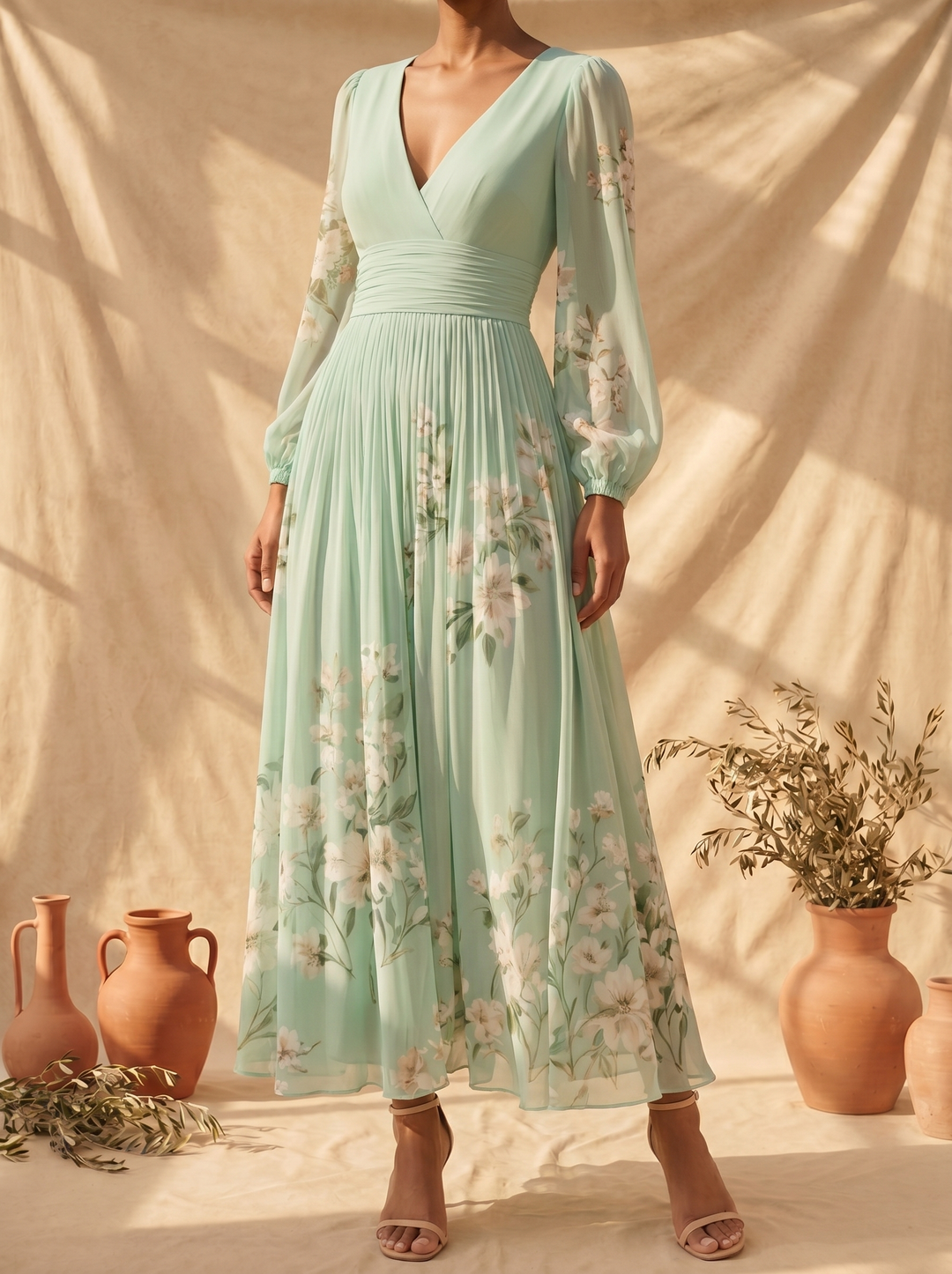 Cécile | Robe Midi Vert Clair Fleurie