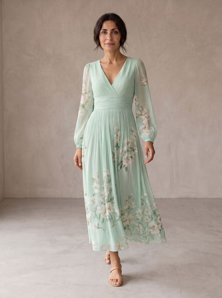 Cécile | Robe Midi Vert Clair Fleurie